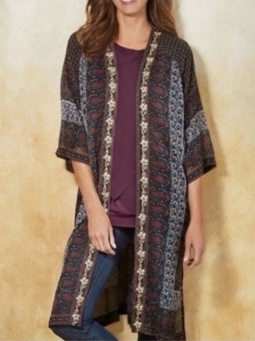 Soft Surroundings Kimono Duster Embellished Metallic Embroidered Trim S/M